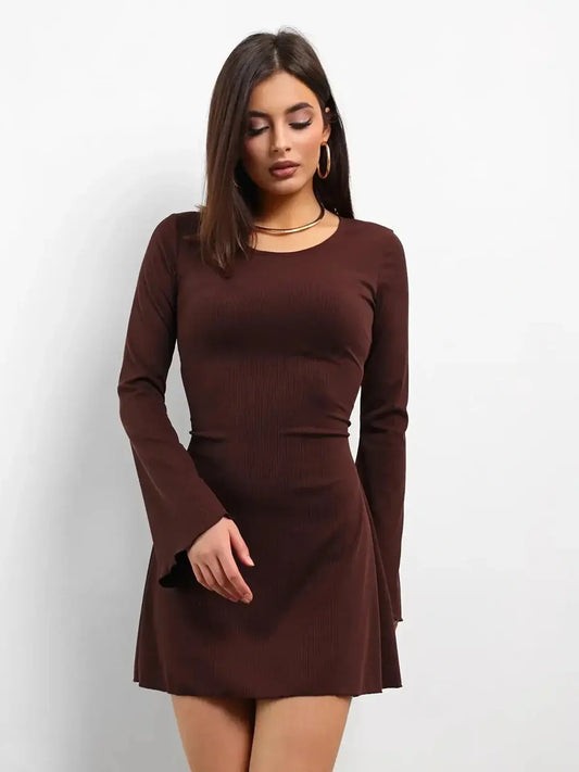 Cocoa Laced brown mini dress with long flared sleeves and a body-hugging silhouette, perfect for summer events.
