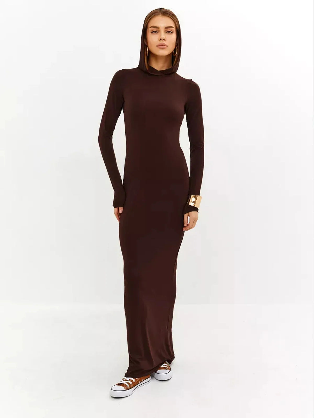 Sculpt Maxi Dress in chocolate, featuring a hooded design and sleek silhouette for a stylish, comfortable look.