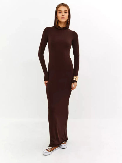 Sculpt Maxi Dress in chocolate, featuring a hooded design and sleek silhouette for a stylish, comfortable look.