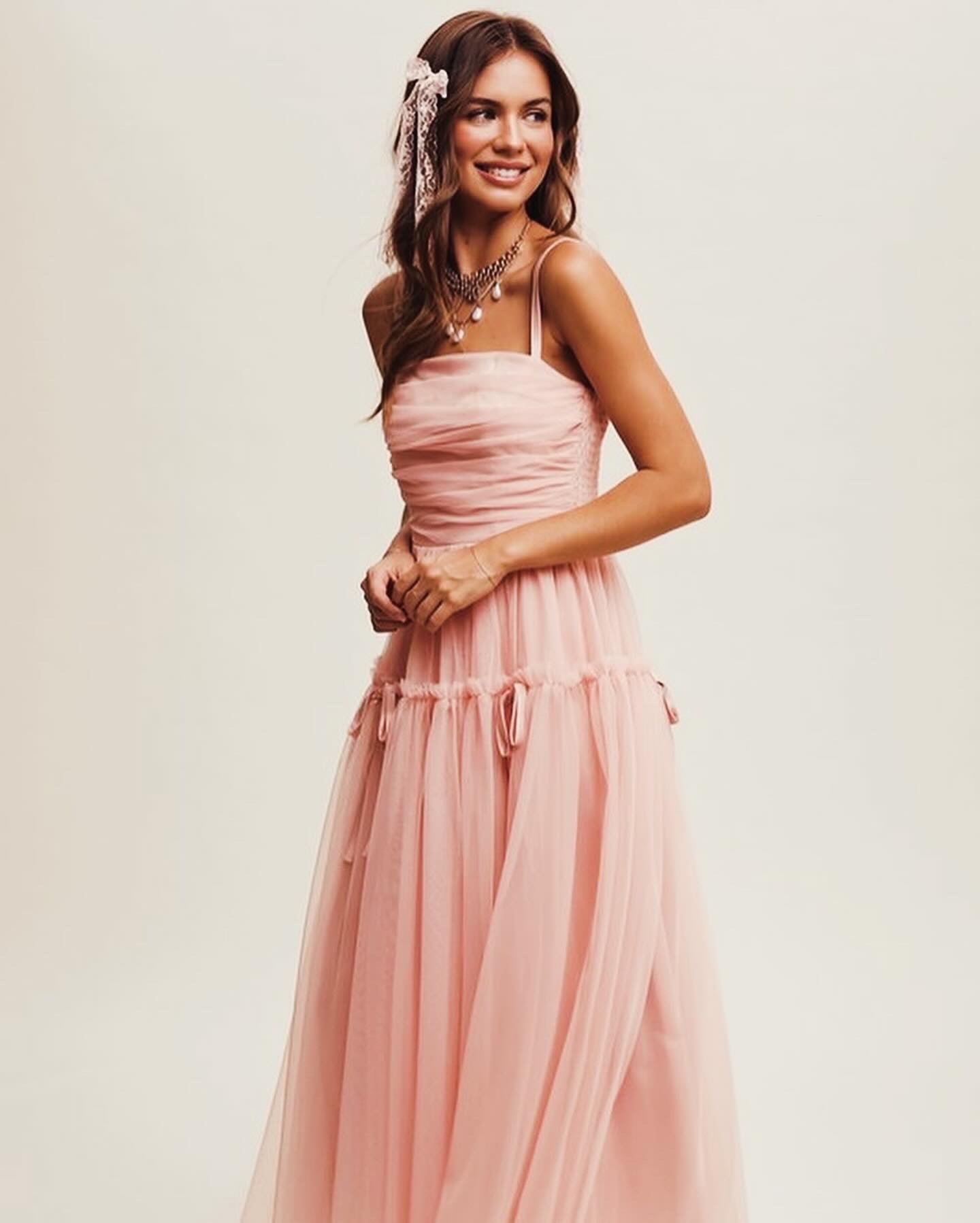Elegant Aurora Maxi Dress in soft pink mesh, perfect for weddings, proms, and summer occasions.