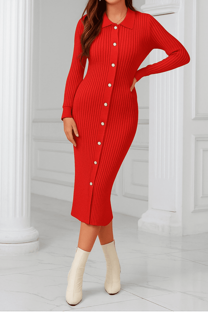 Ember Midi Dress by Lauven – Vibrant ribbed knit in red with button-down detail, designed to flatter.