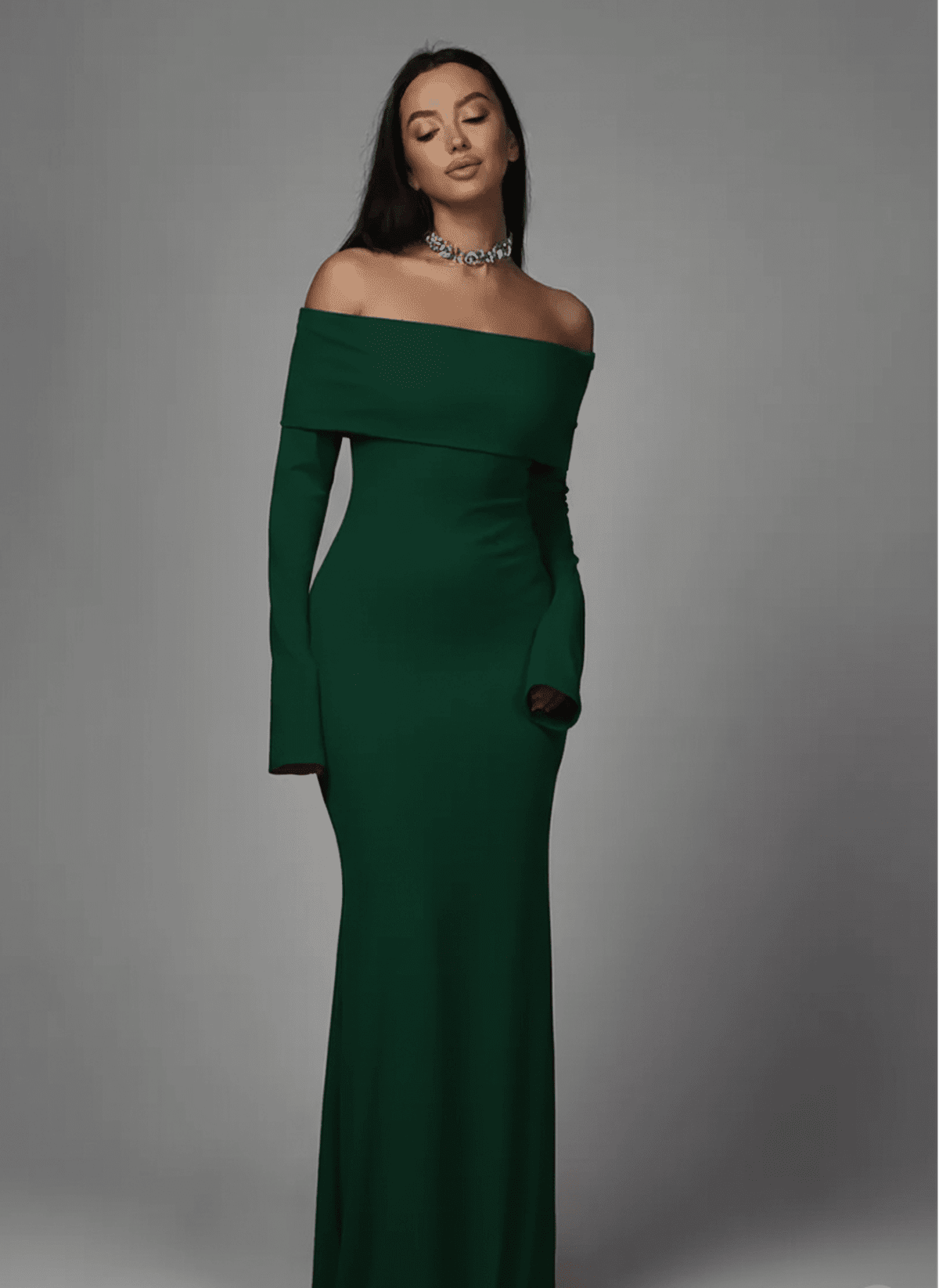 Verdalia Maxi Dress by Lauven in deep emerald, featuring an off-shoulder neckline and sculpting silhouette.