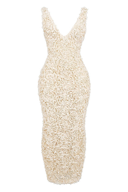 Celeste Women's Rose Maxi Bodycon Dress with 3D rose applique, perfect for weddings or special occasions.