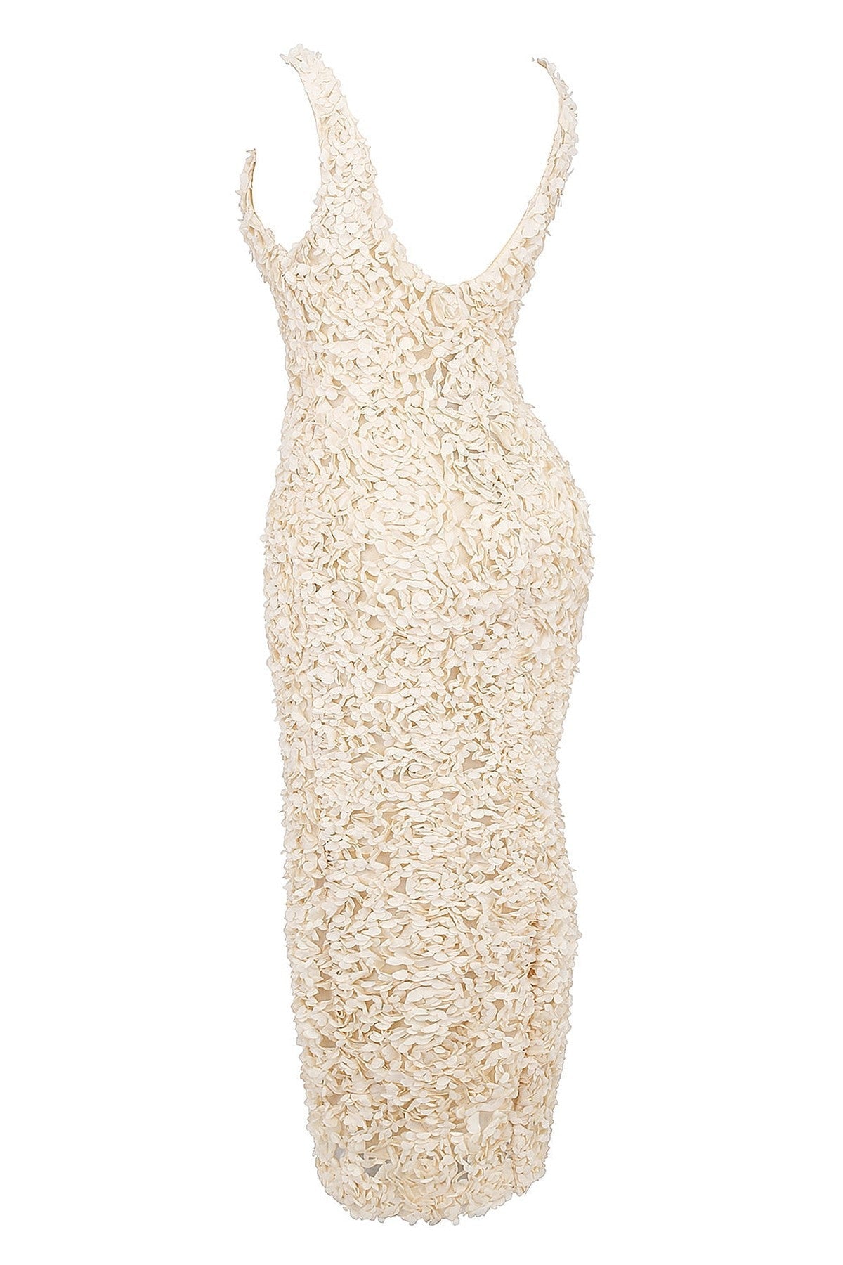 Back view of the Celeste Women's Dress featuring a stunning 3D rose applique bodycon design.