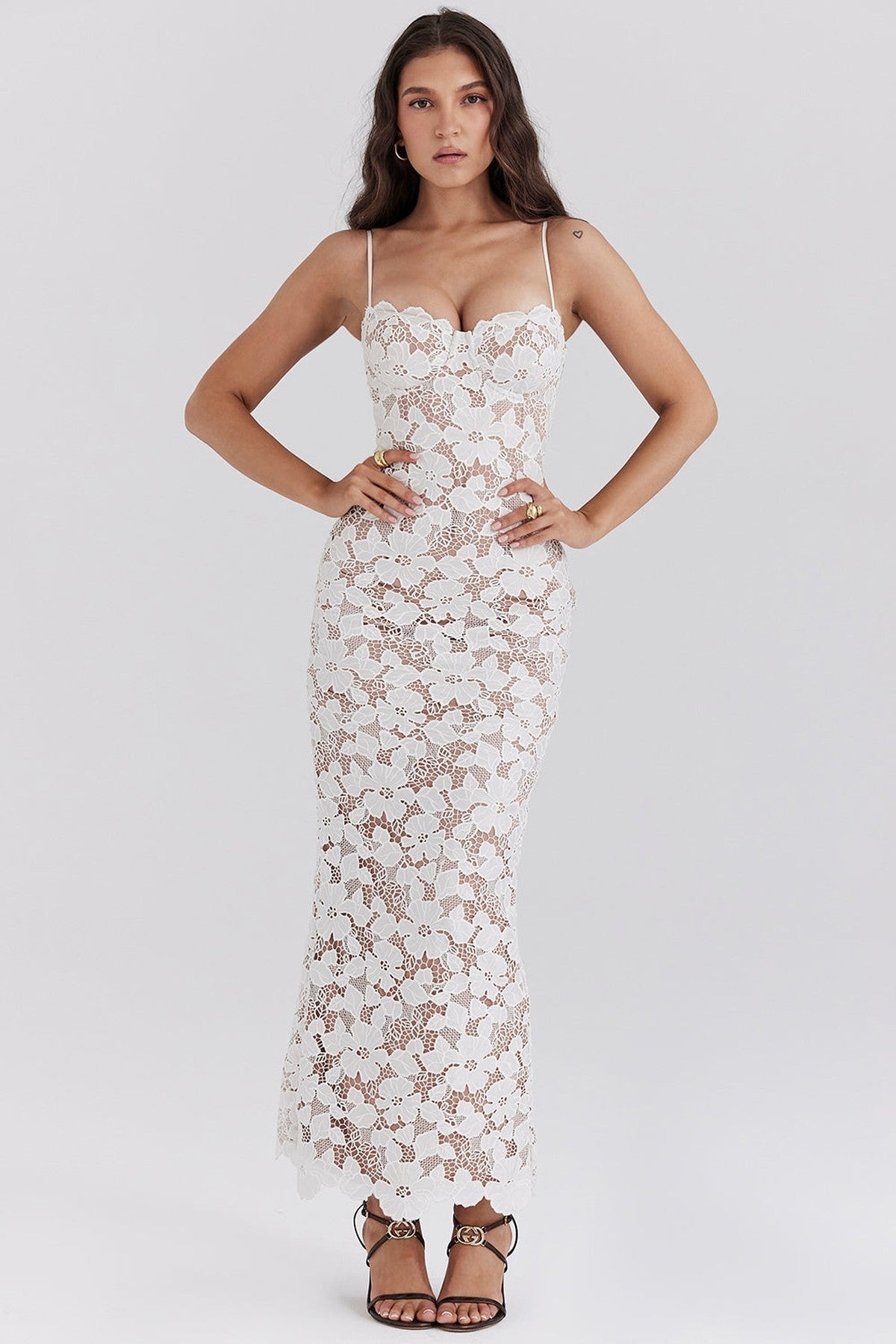 White lace Amélie maxi dress featuring intricate detailing, perfect for weddings and formal occasions.