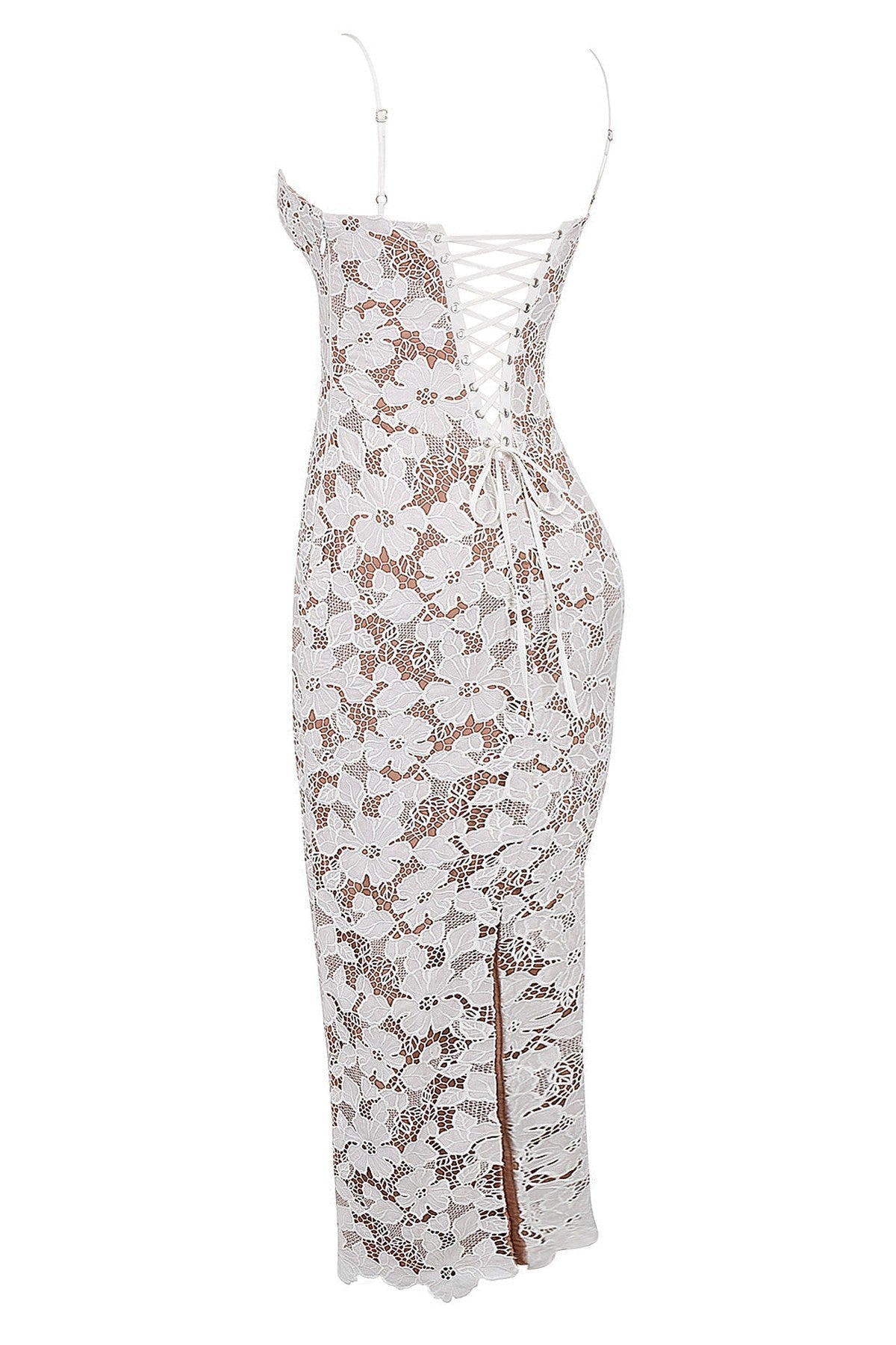 Elegant white lace maxi dress showcasing intricate detailing and a flattering silhouette with a stylish back design.
