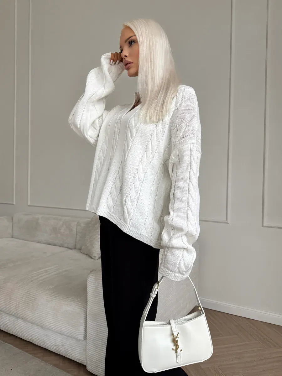 Alabaster Sweater by Lauven - Oversized women’s cable knit sweater in milk-white, featuring a V-neckline.