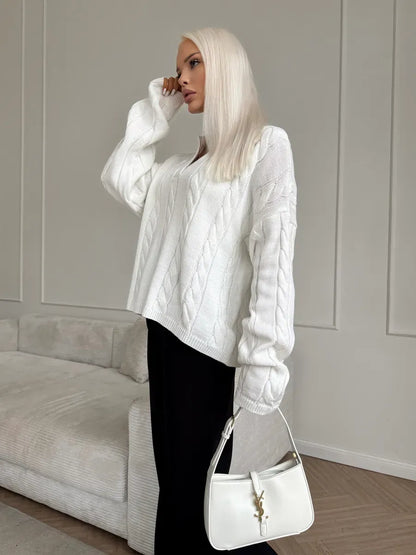 Alabaster Sweater by Lauven - Oversized women’s cable knit sweater in milk-white, featuring a V-neckline.