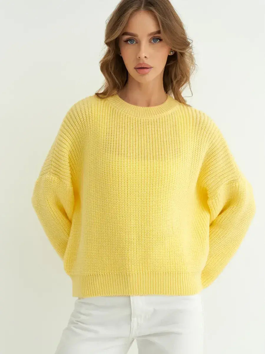 Lemonade Sweater by Lauven, oversized knit in vibrant lemon-yellow perfect for cool days.