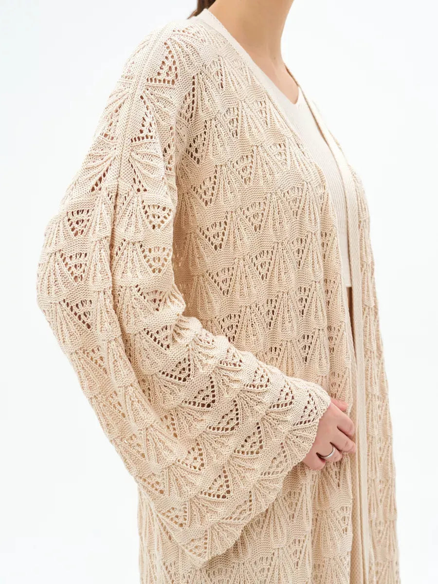Linen Cardigan by Lauven, lightweight openwork summer cardigan in light beige with intricate lace patterns.