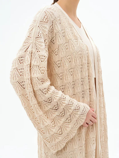 Linen Cardigan by Lauven, lightweight openwork summer cardigan in light beige with intricate lace patterns.