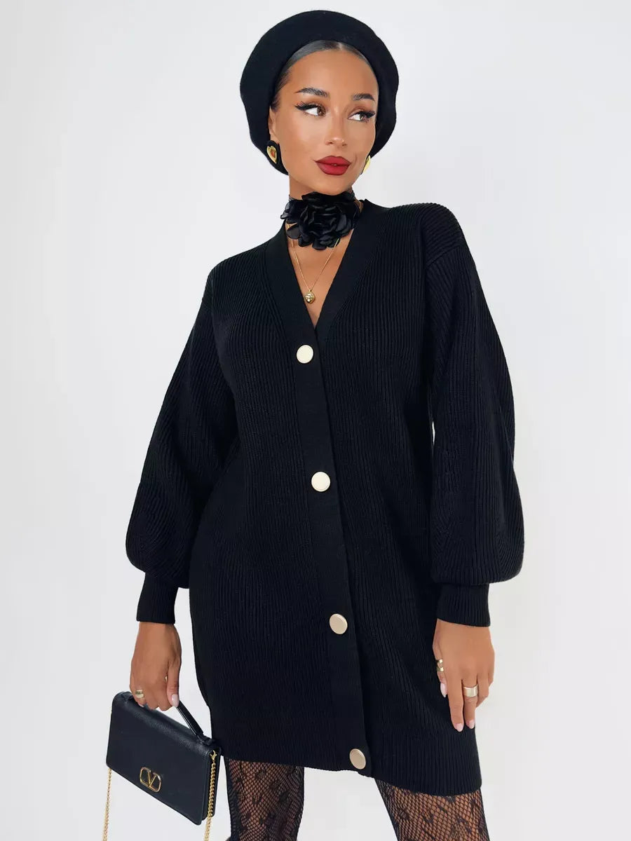 Noir Cardigan by Lauven - Longline oversized black knit with statement buttons for modern elegance.