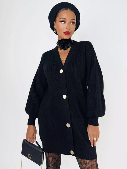Noir Cardigan by Lauven - Longline oversized black knit with statement buttons for modern elegance.