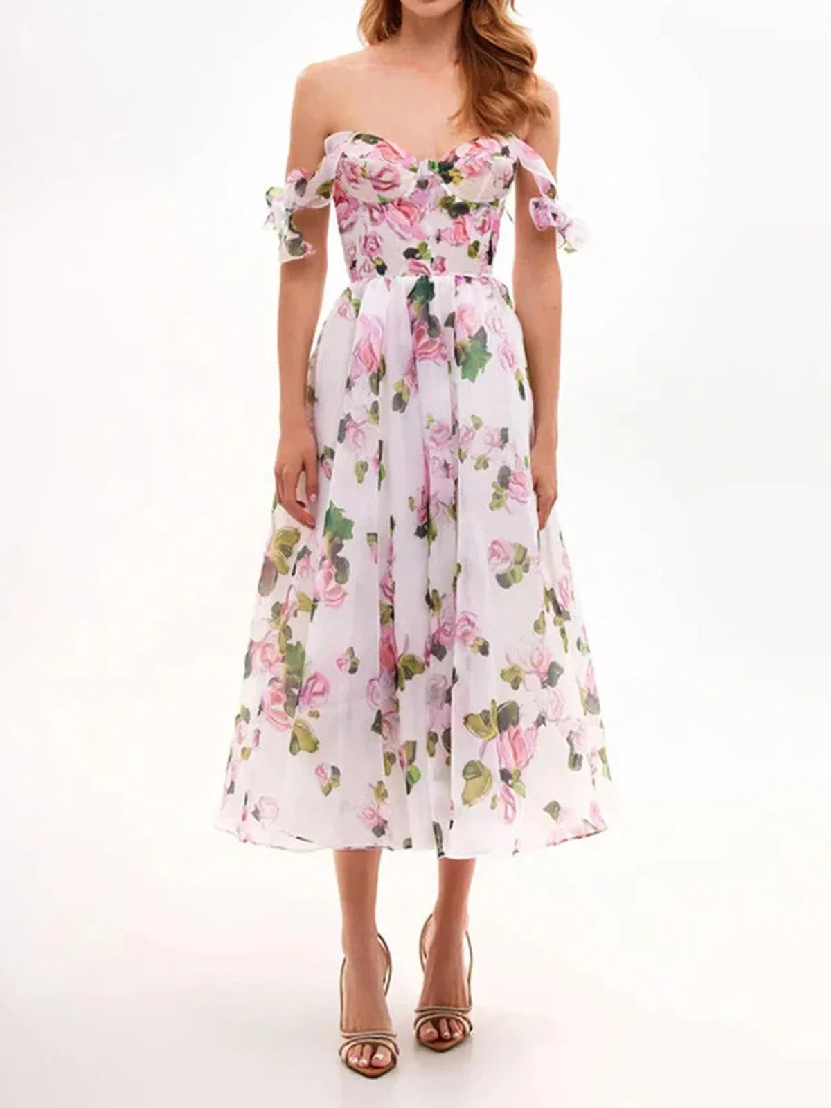 Elegant floral maxi dress with off-the-shoulder sleeves, perfect for weddings, parties, and summer occasions.