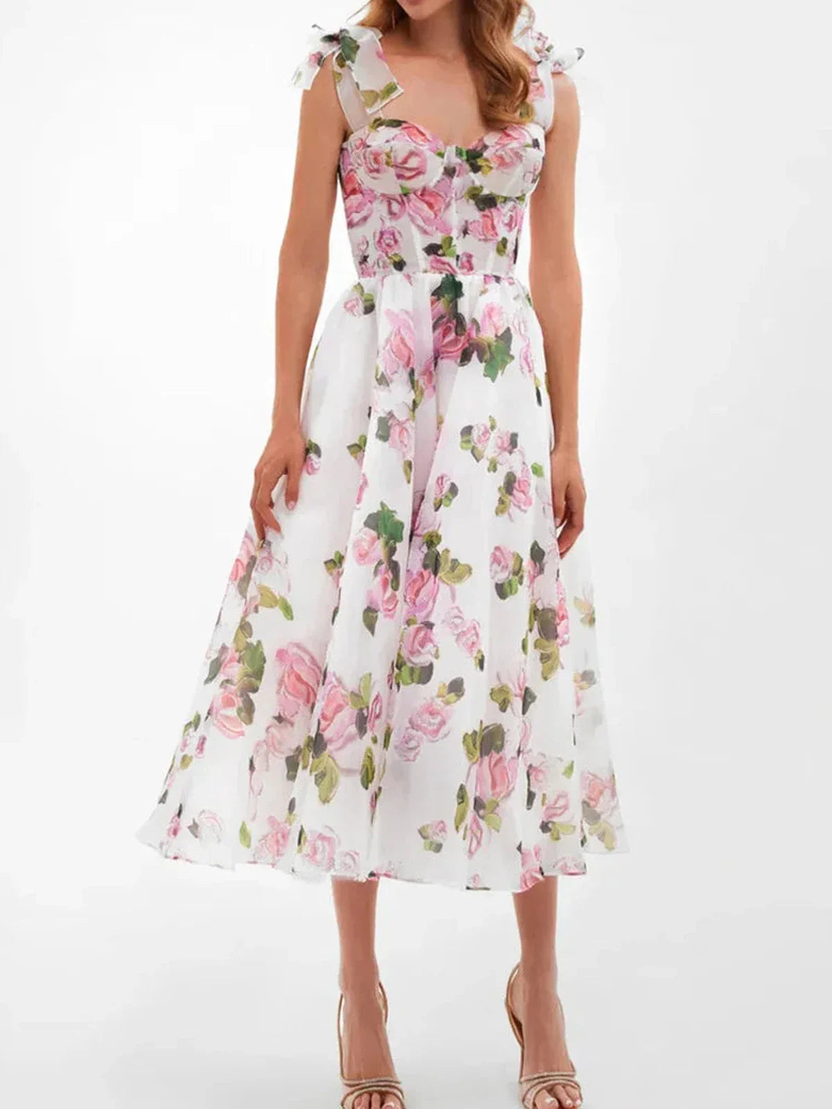 Jasmine maxi dress with floral print, perfect for wedding guest or summer outings, showcasing elegant, flowy silhouette.