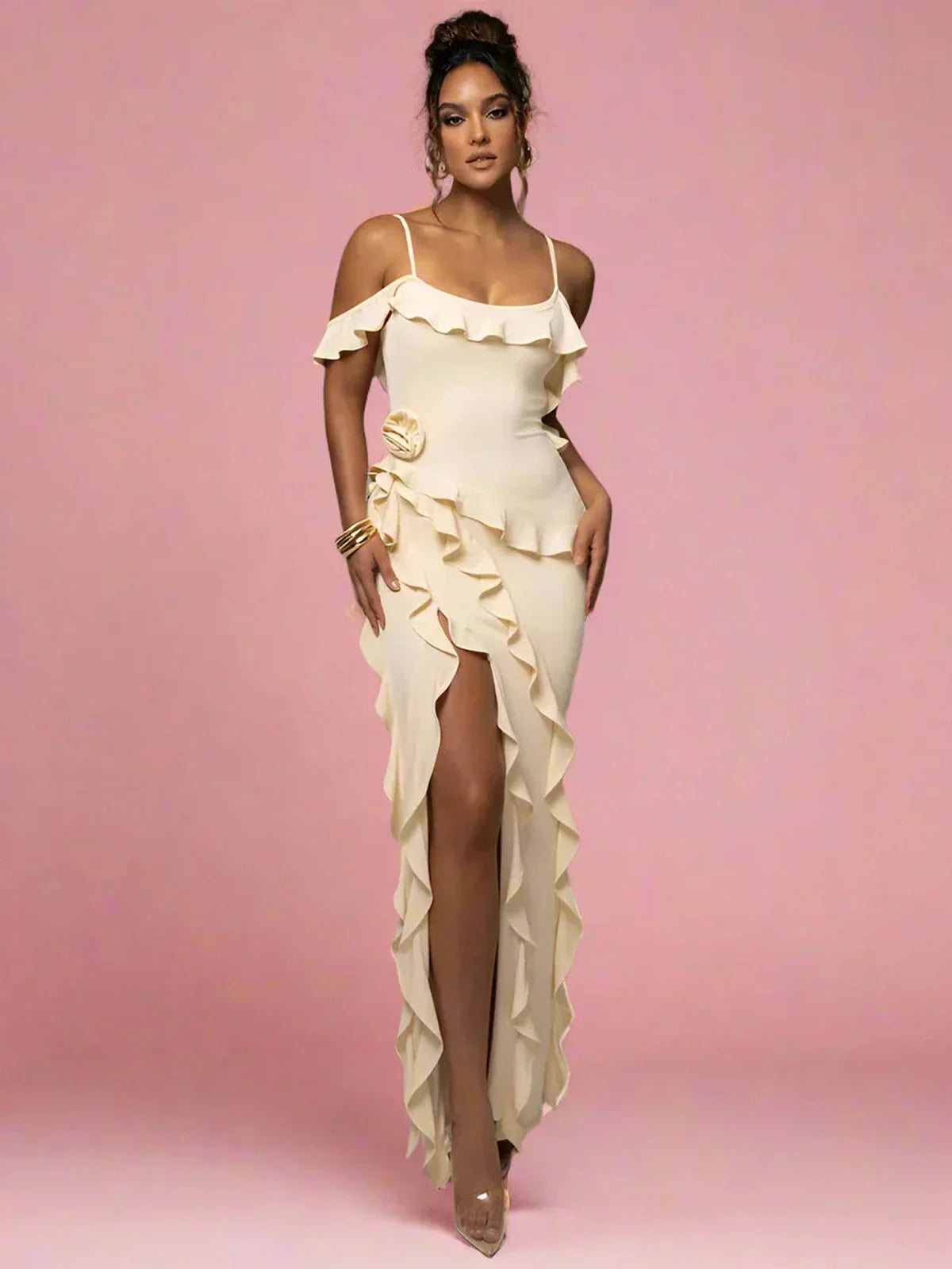 Elegant Aurora Maxi Dress with cascading ruffles and thigh-high slit, perfect for special occasions.