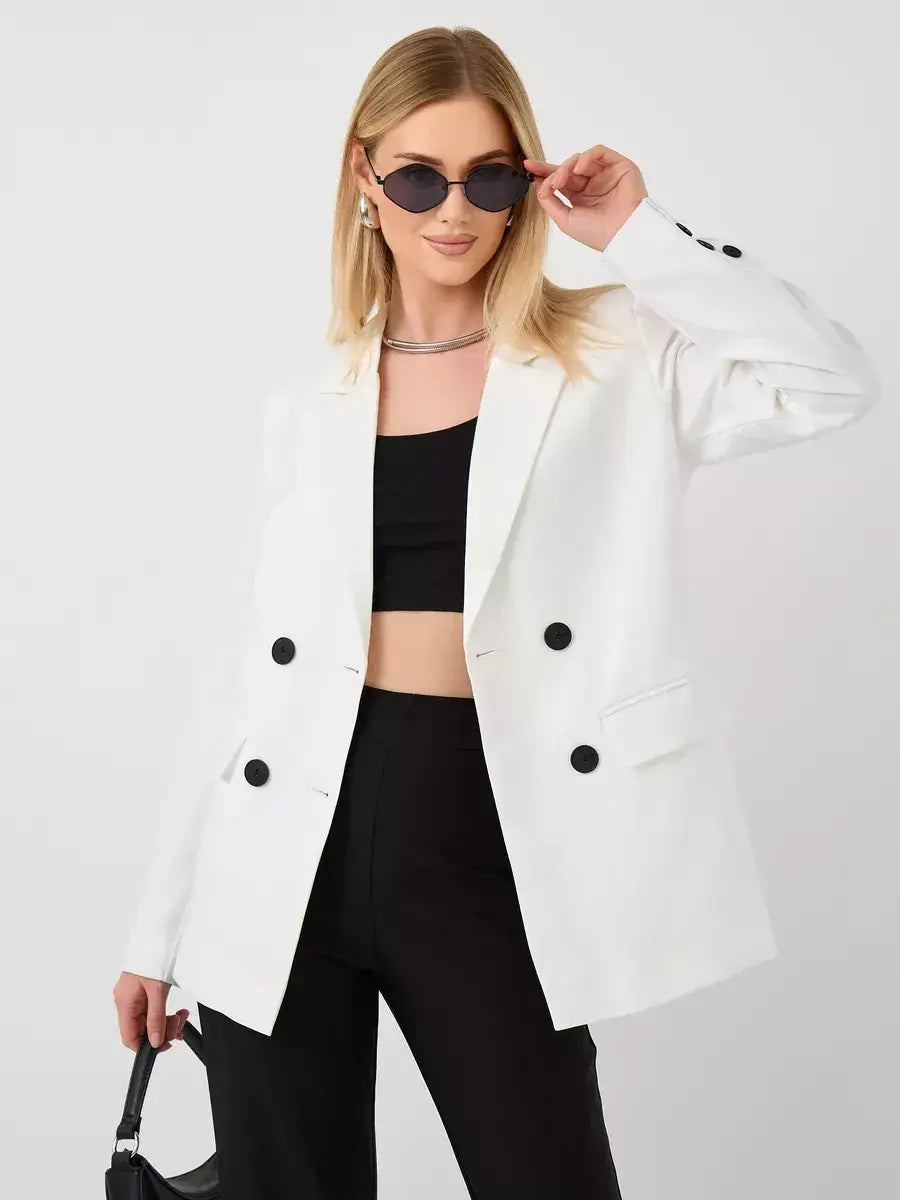 Alabaster Blazer by Lauven - Oversized double-breasted white tailored jacket styled with black top and sunglasses.