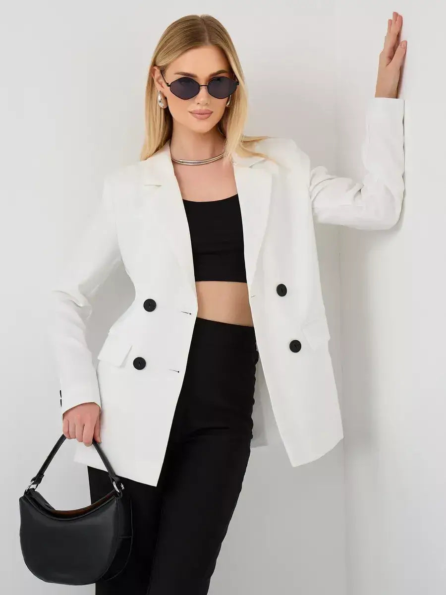 Alabaster Blazer by Lauven, oversized double-breasted white tailored jacket for women's fashion.