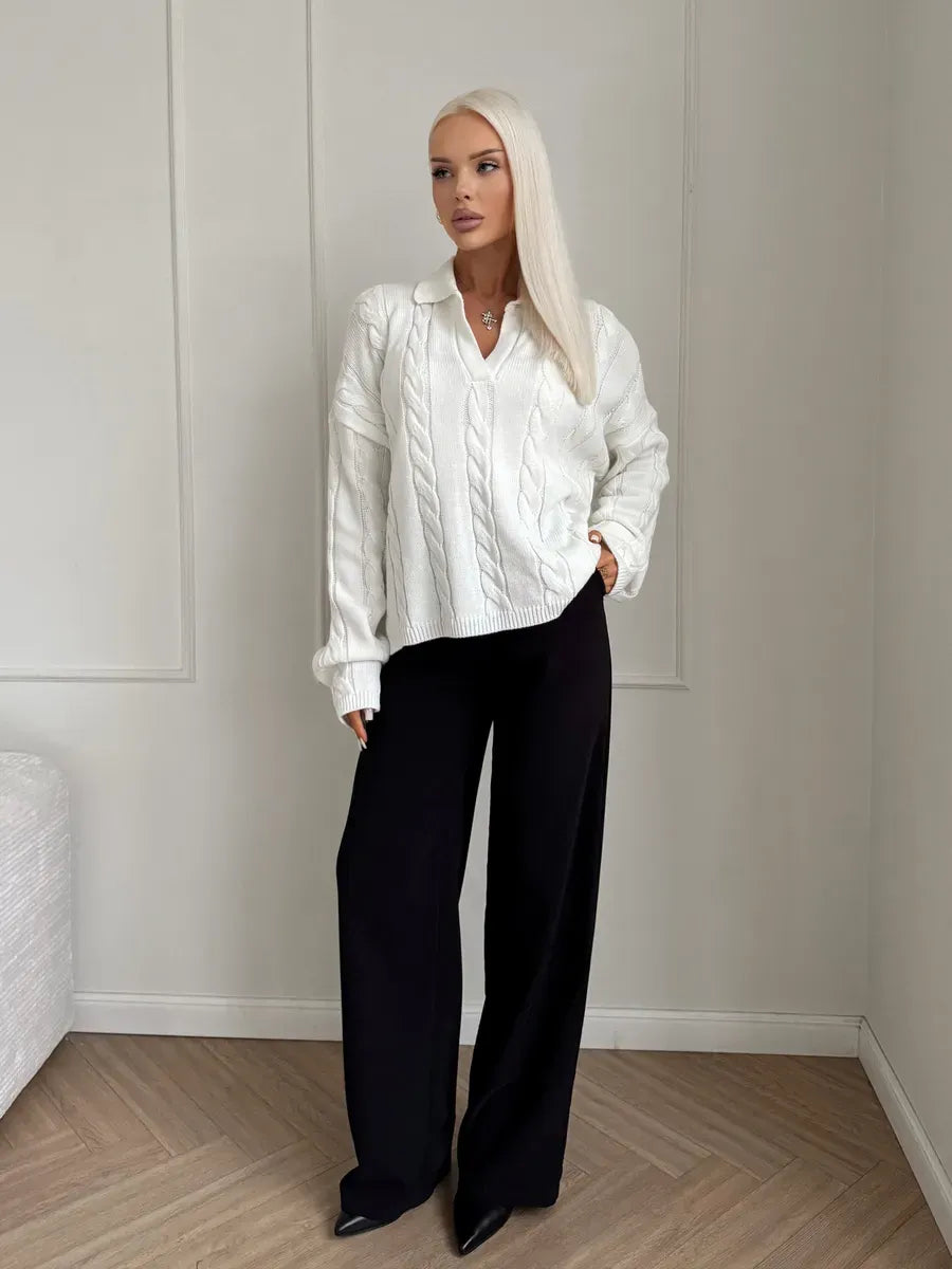 Alabaster Sweater from Lauven, an oversized women's cable knit polo sweater in milk-white.