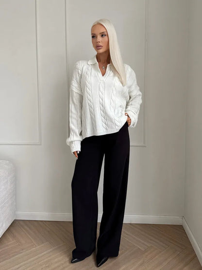 Alabaster Sweater from Lauven, an oversized women's cable knit polo sweater in milk-white.