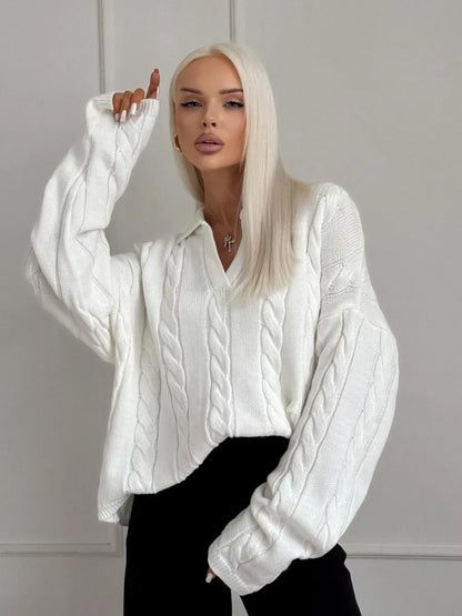 Alabaster Sweater by Lauven, oversized women’s cable knit polo sweater in milk-white shade.