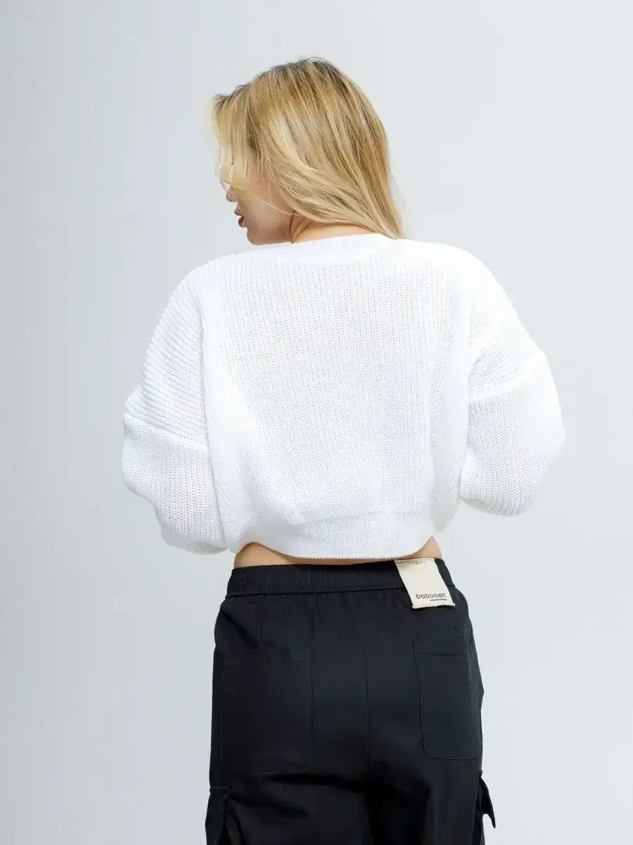 Alba Pullover from Lauven in soft white, showcasing the back view of the lightweight knit cropped design.