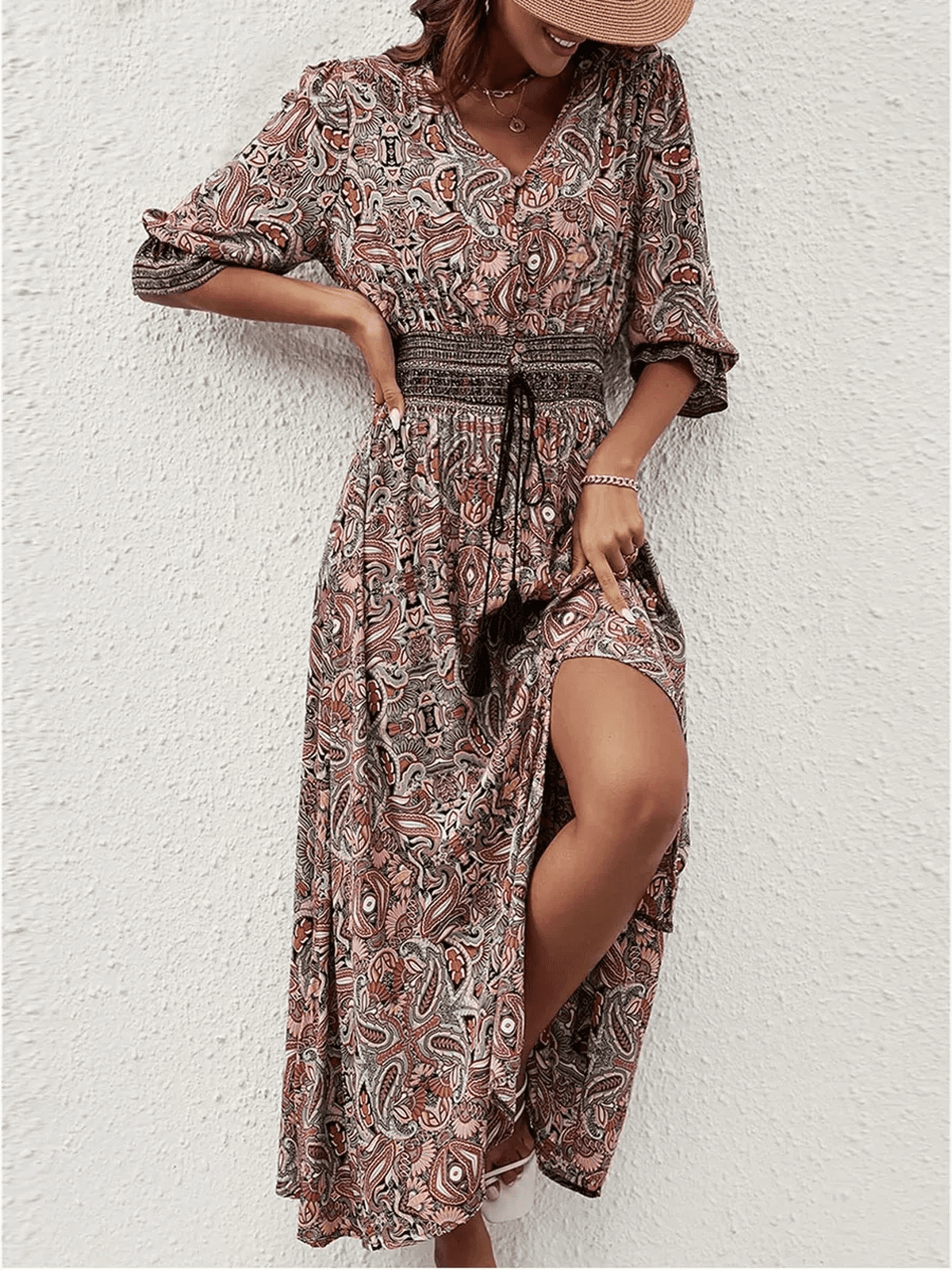 Amber Muse Maxi Dress with paisley design and smocked waist, perfect for summer boho style.