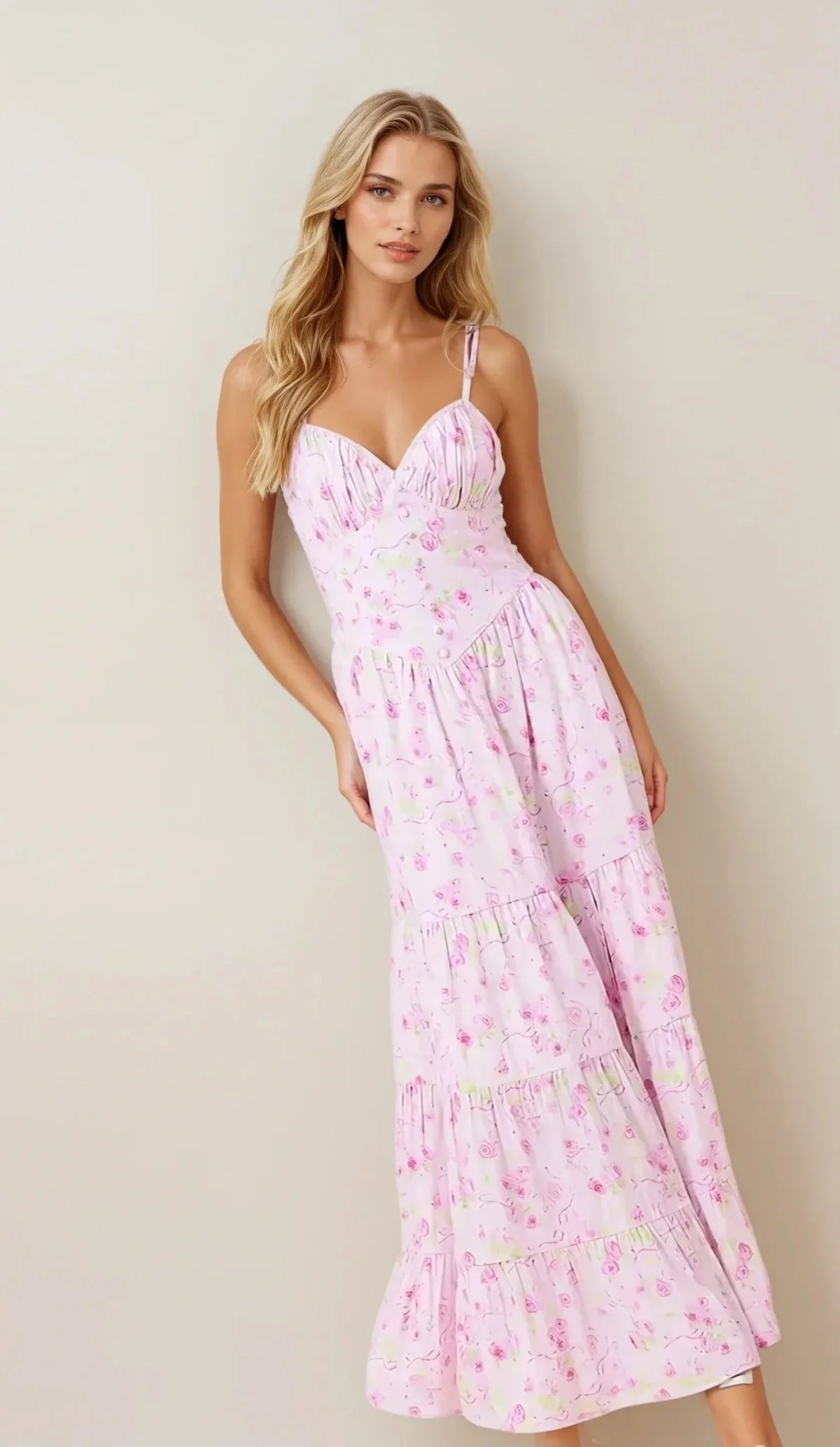 Amélie Dress in soft pink with floral print, perfect summer maxi dress for weddings, proms, or casual outings.