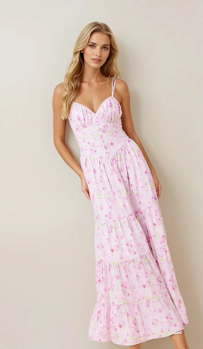 Amélie Dress in soft pink with floral print, perfect summer maxi dress for weddings, proms, or casual outings.
