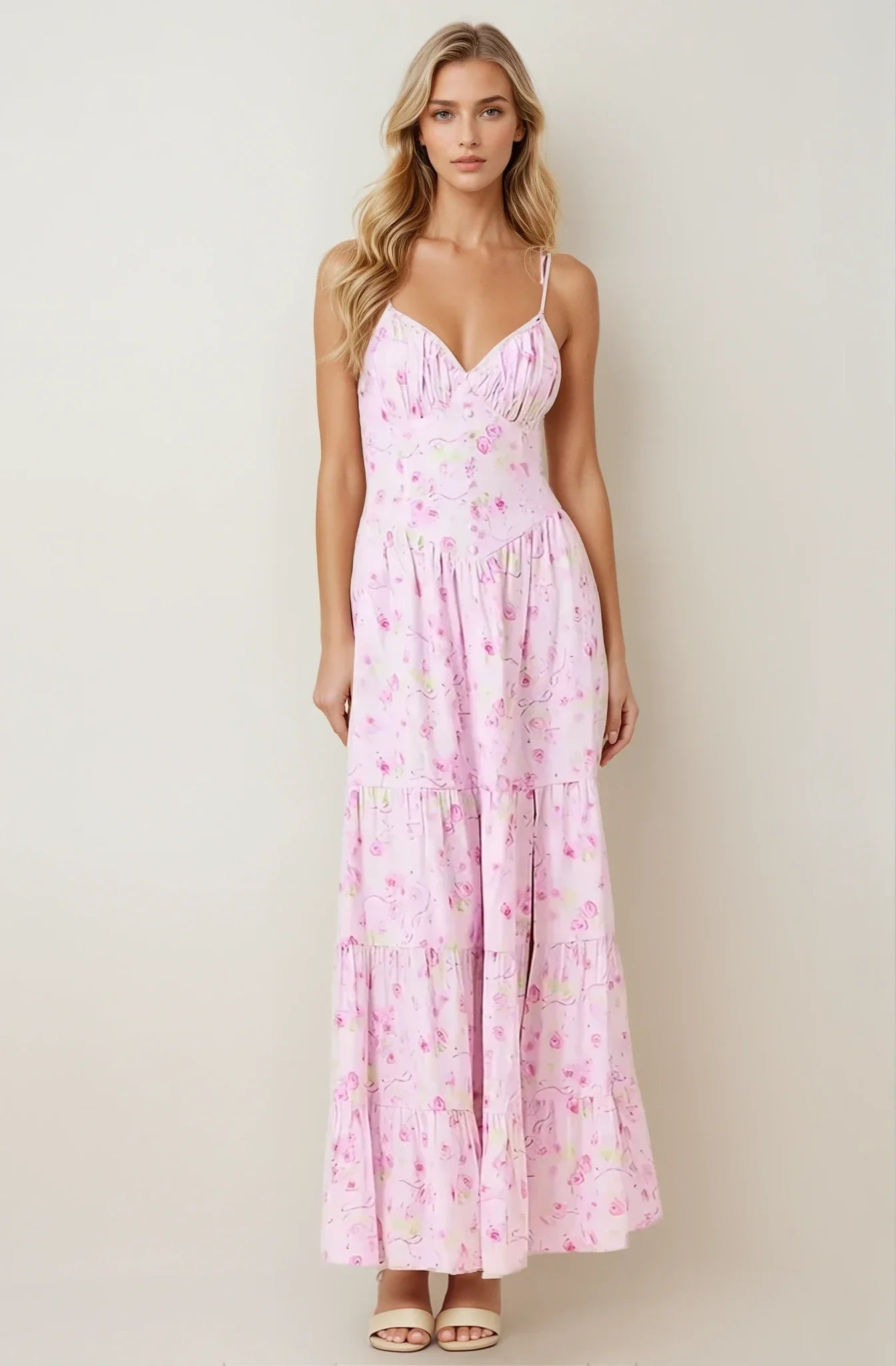 Amélie Dress in pastel floral print, a romantic maxi dress perfect for summer weddings and evening events.