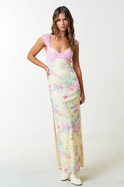 Amélie Maxi Dress featuring pink lace bodice and floral pastel skirt, perfect for summer weddings and formal events.