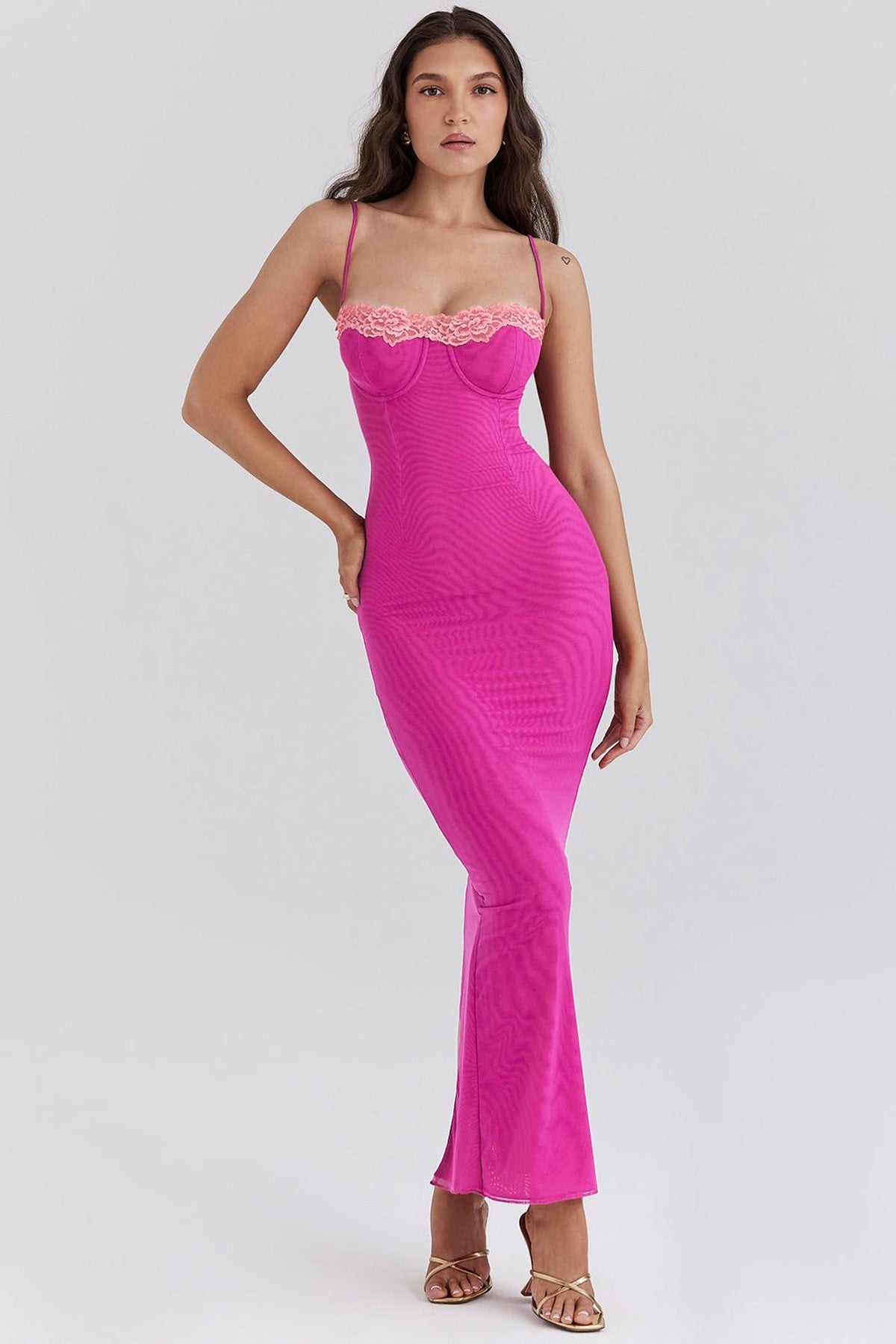 Amélie Women’s Dress in vibrant pink, featuring spaghetti straps and a bodycon silhouette, ideal for evening cocktails.