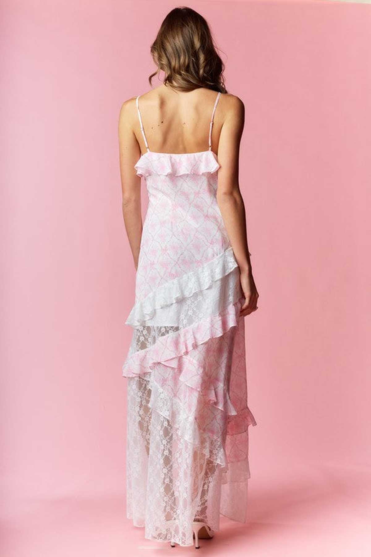 Back view of Amélie Women's Dreamy Ruffle Lace Maxi Dress featuring soft cascading layers and spaghetti straps.