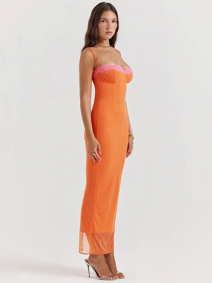 Amélie Women's Dress in vibrant orange, a bodycon maxi dress with spaghetti straps, perfect for summer parties.