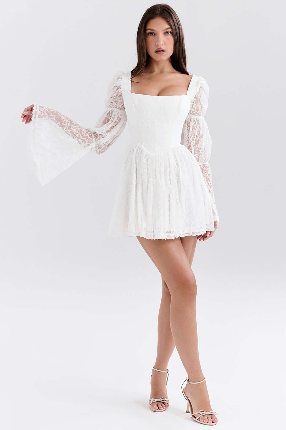 Angel Mini Dress for women featuring lace puff sleeves and a structured bodice, perfect for summer parties and weddings.
