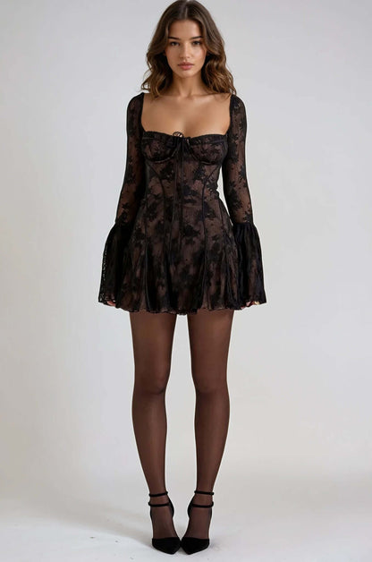 Grace Mini Dress in black lace with flare sleeves, perfect for weddings, parties, or as a formal little black dress.