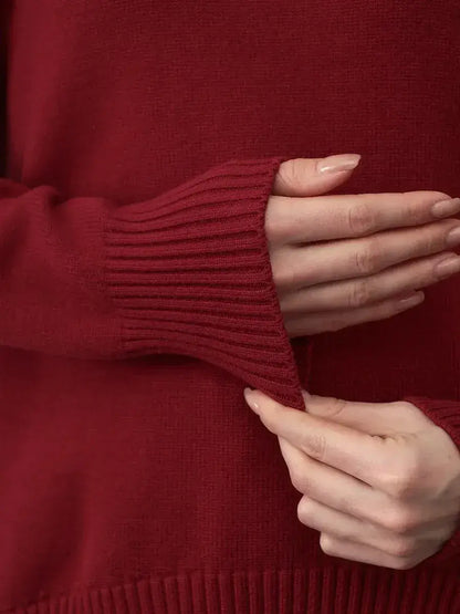 Arden Sweater by Lauven, burgundy turtleneck knitwear showcasing ribbed cuffs and luxurious softness.