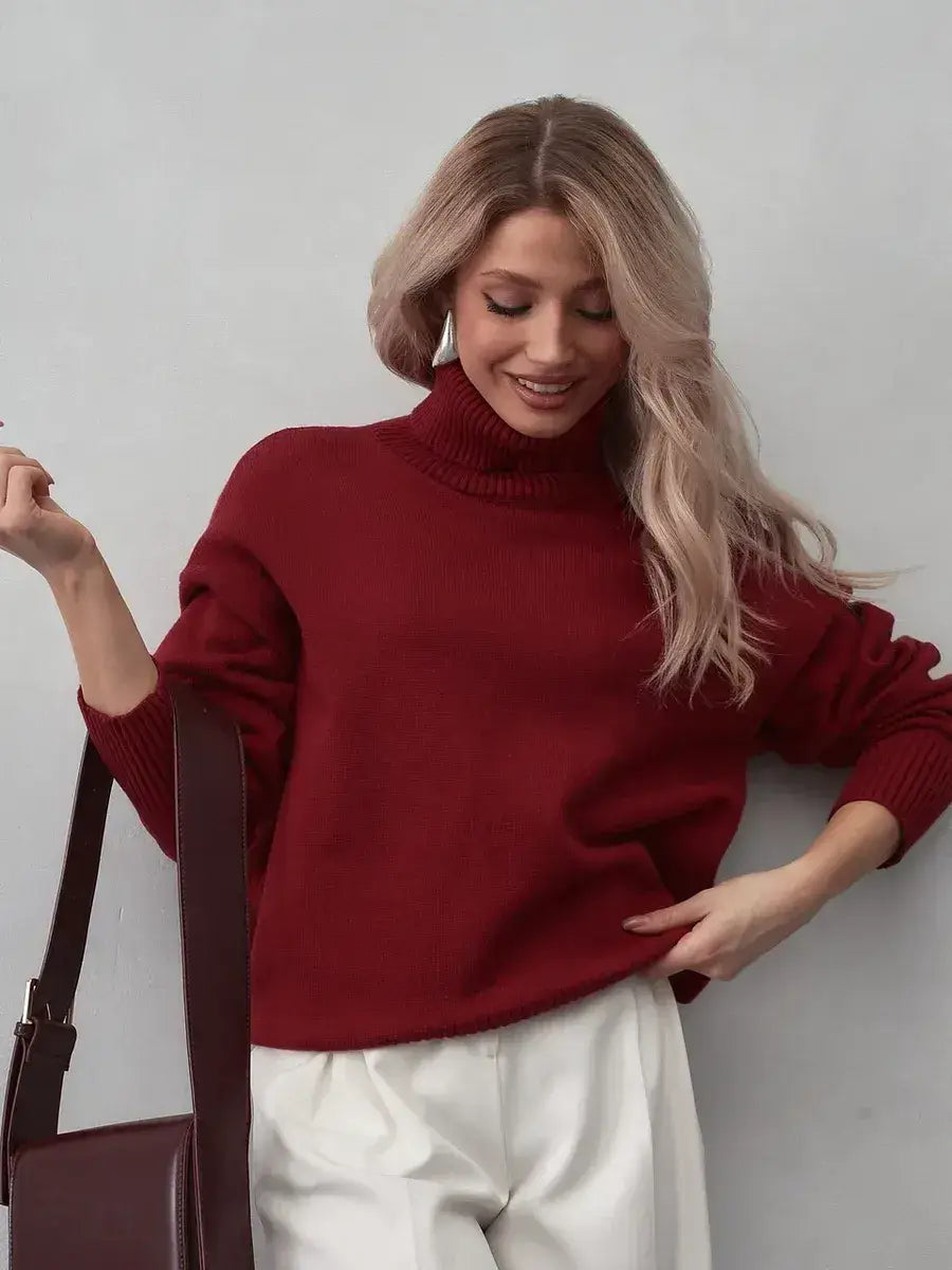 Arden Sweater by Lauven – Burgundy turtleneck knitwear showcasing modern elegance and cozy comfort.
