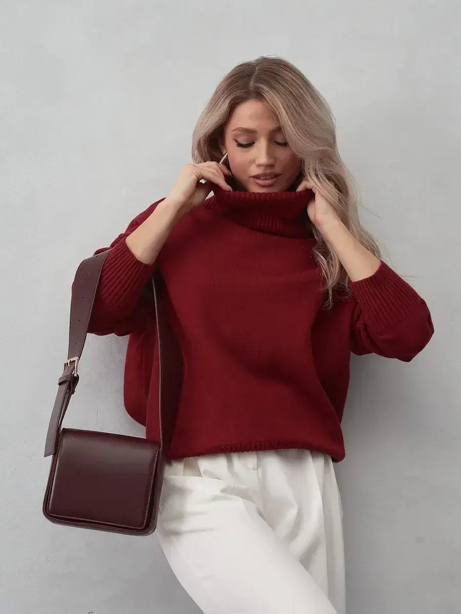 Arden Sweater by Lauven, burgundy turtleneck knitwear for women, combining modern elegance with cozy comfort.