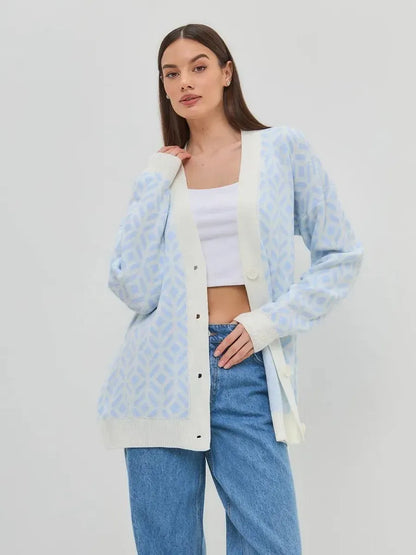 Arika Cardigan by Lauven - Lightweight longline acrylic knitwear in milk blue, featuring a relaxed fit and dropped shoulders.