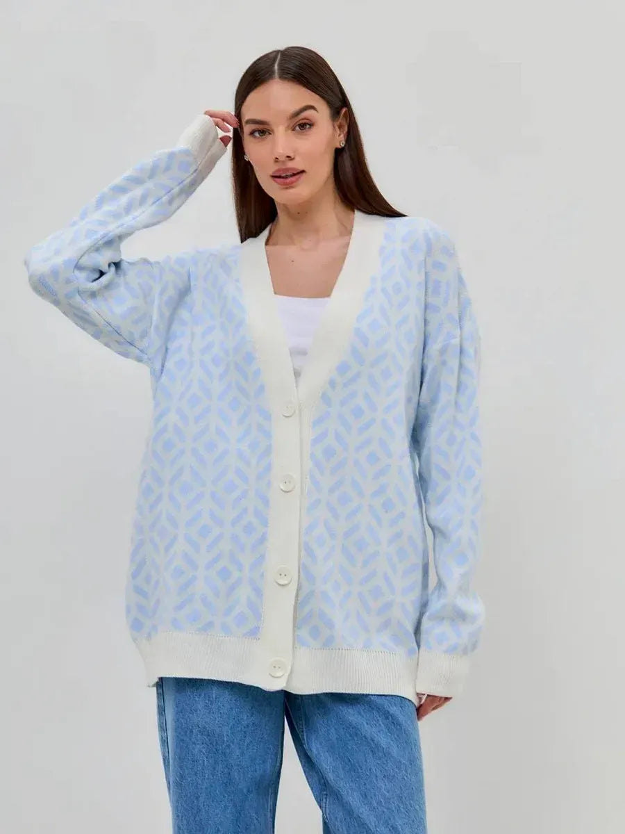 Arika Cardigan by Lauven, lightweight longline knitwear in milk blue, featuring a relaxed fit and stylish dropped shoulder.