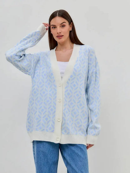 Arika Cardigan by Lauven, lightweight longline knitwear in milk blue, featuring a relaxed fit and stylish dropped shoulder.