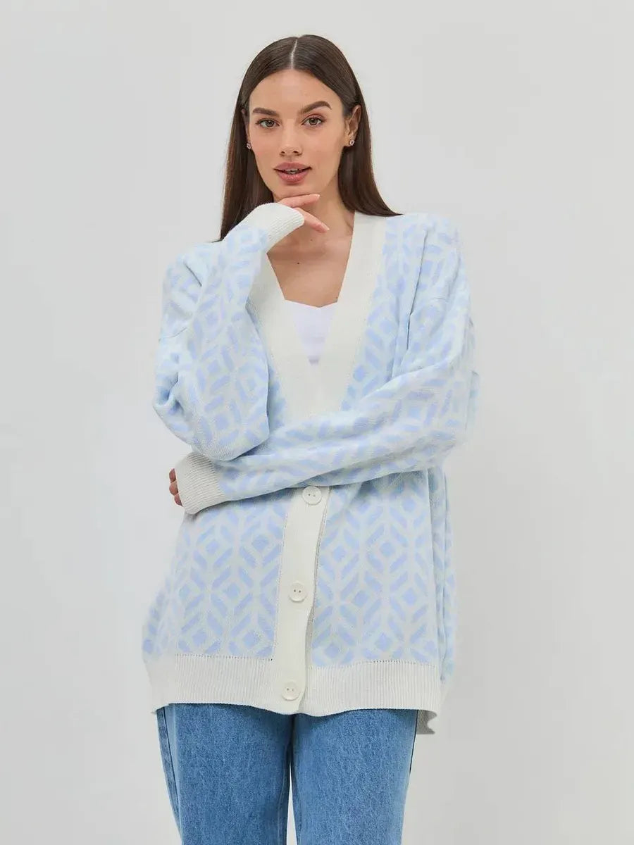 Arika Cardigan by Lauven, lightweight longline acrylic knitwear in milk blue, perfect for layering and stylish comfort.