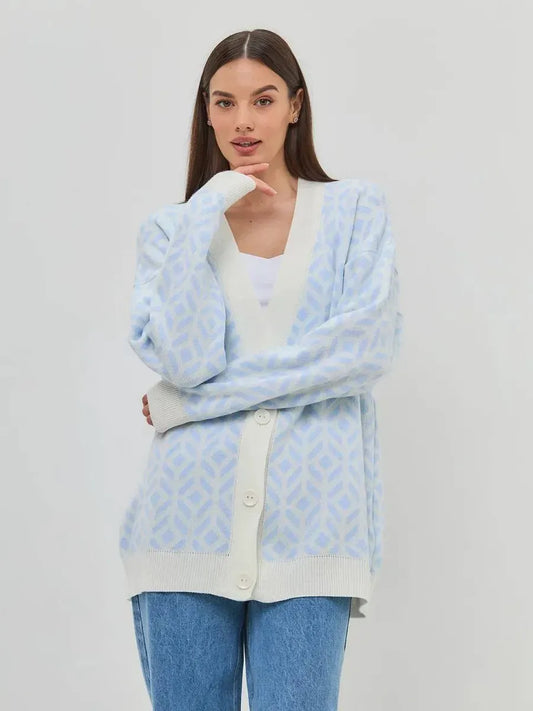 Arika Cardigan by Lauven, lightweight longline acrylic knitwear in milk blue, perfect for layering and stylish comfort.