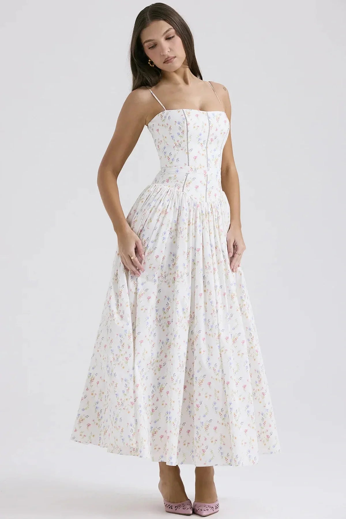 Aurora Maxi Dress featuring a floral print, perfect for summer weddings, graduation, and formal occasions.
