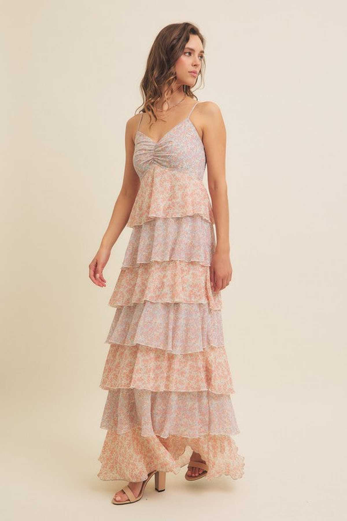 Aurora Women's Dress featuring a floral tiered maxi design, perfect for summer occasions and wedding guests.