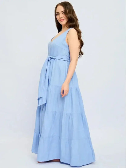 Azure Breeze Maxi Dress in light blue, featuring a V-neck, tiered skirt, and self-tie belt, perfect for summer elegance.