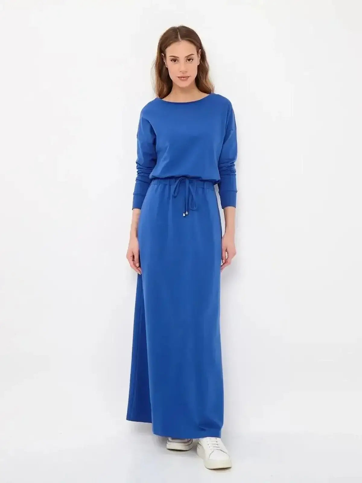 Azure Ease Maxi Dress in cornflower blue with a relaxed fit and drawstring waist, perfect for summer and casual occasions.