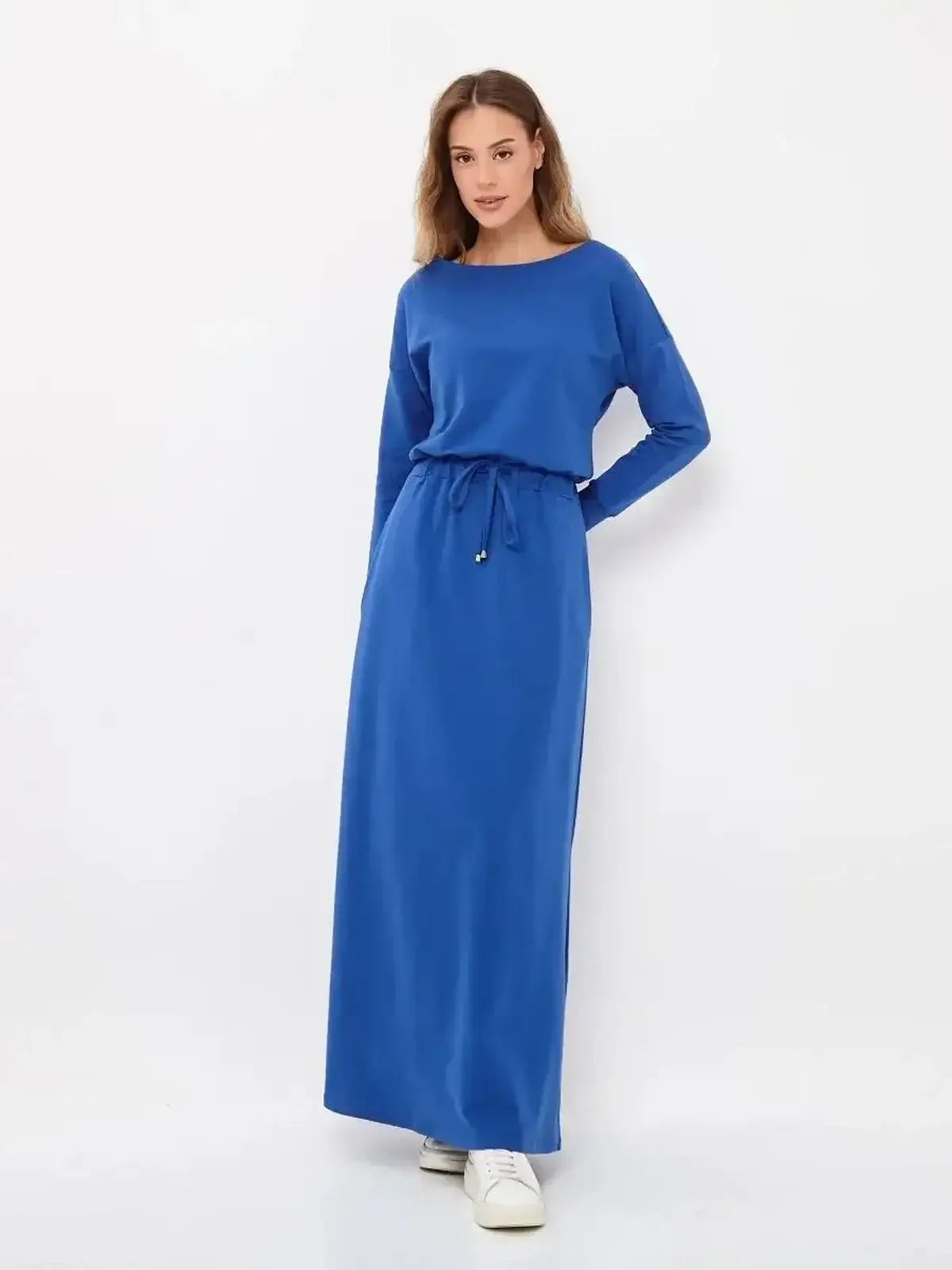 Azure Ease Maxi Dress in cornflower blue with drawstring waist, perfect for summer occasions and elegant gatherings.