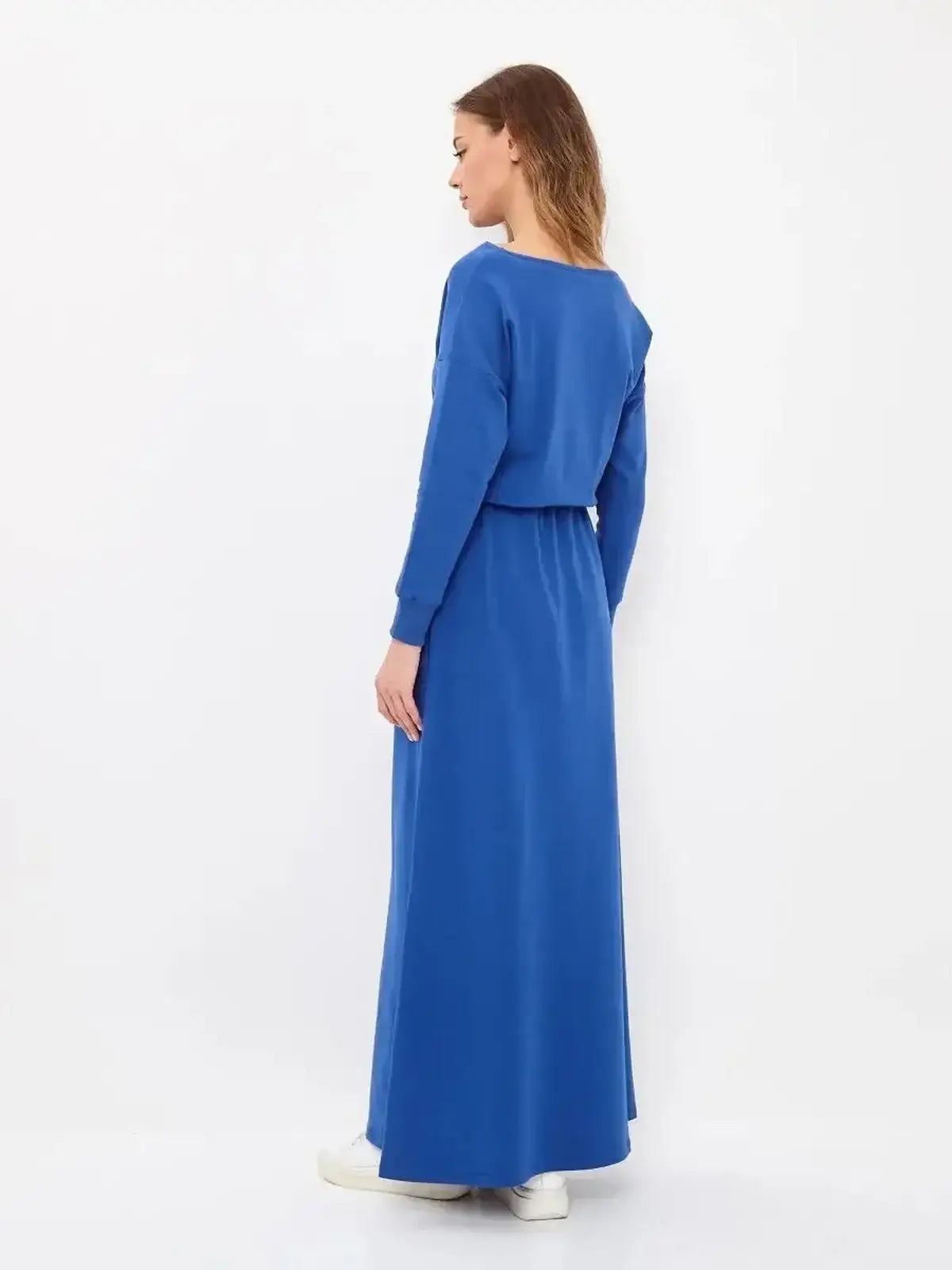 Azure Ease Maxi Dress in cornflower blue, featuring a relaxed fit and drawstring waist, perfect for summer and formal occasions.